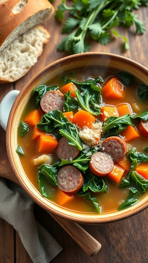 A bowl of kale and Italian sausage soup with sausage, kale, and carrots, garnished with Parmesan cheese, on a rustic table with bread.